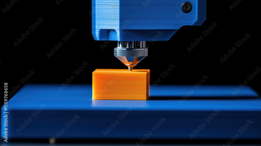 Poster close up of 3d printer nozzle creating orange object on blue surface, showcasing precision and techn