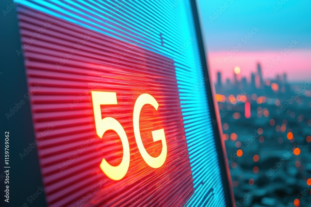 Poster 5g connectivity network latency concept. a vibrant cityscape at dusk features a illuminated 