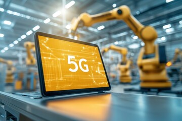 5G connectivity network latency concept. A laptop displaying "5G" in a technologically advanced factory with robotic arms in the background, symbolizing modern industrial automation.