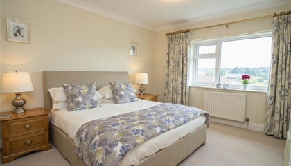  A serene bedroom features a large bed with a floral comforter, flanked by nightstands with lamps, and a window with curtains overlooking a tranquil landscape.
