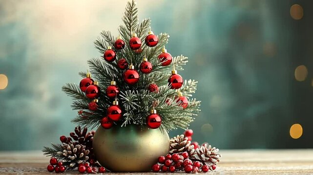 A small Christmas tree decorated with red ornaments and pine cones.
