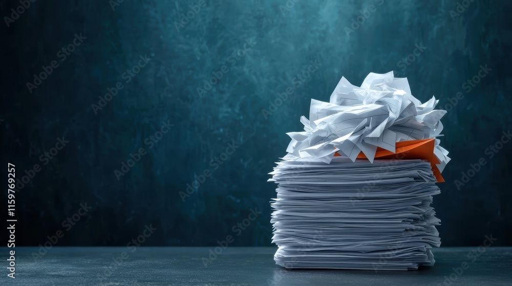 Poster concept of measuring customer satisfaction feedback. a stack of crumpled and flat paper on a dark su