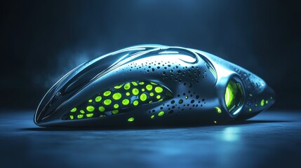 Futuristic metallic vehicle concept with bioluminescent accents.