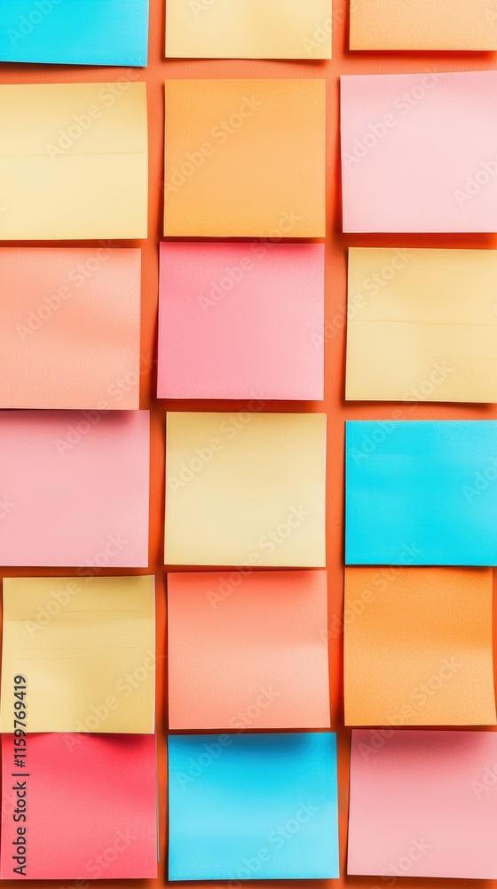 Poster a vibrant collage of colorful sticky notes arranged in a grid pattern, showcasing various pastel sha