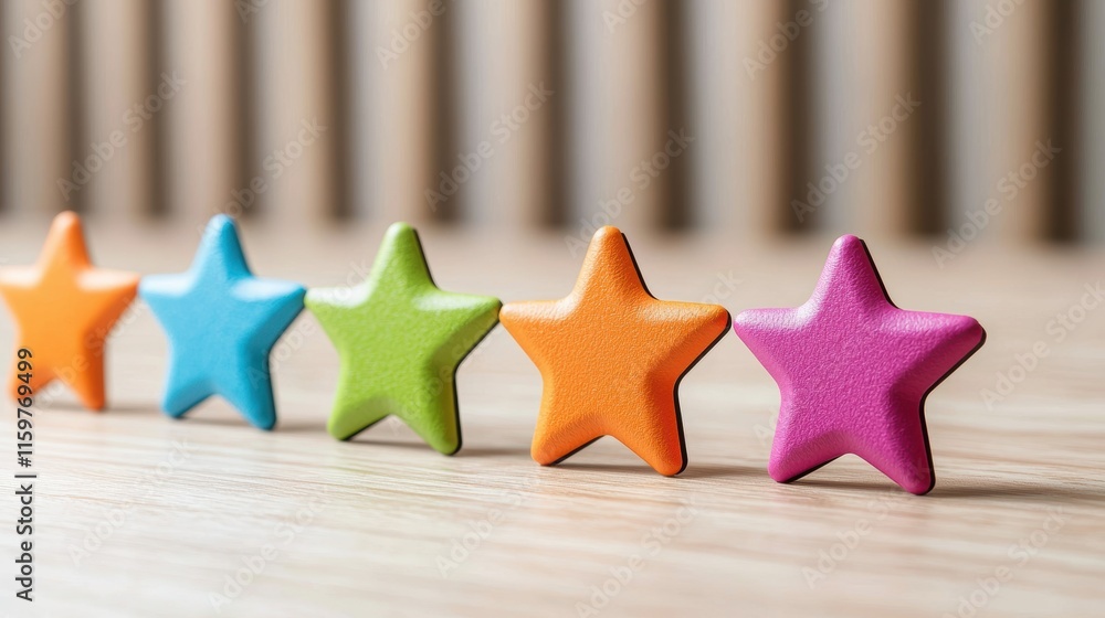 Poster concept of measuring customer satisfaction feedback. colorful star-shaped tokens arranged in a row o