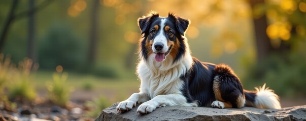 Obraz premium Bearded collie sitting on rock with gentle expression, relaxed, natural beauty
