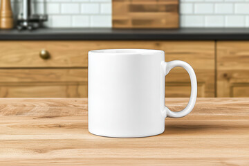 Obraz premium blank white mug on wooden countertop in kitchen setting, perfect for customization