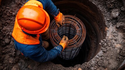 Environmental Concepts in Civil Engineering Construction. A construction worker in an orange helmet and vest is placing a steel reinforcement cage into a deep excavation site.