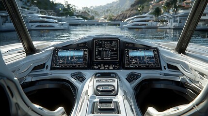 Obraz premium Futuristic yacht cockpit view with harbor.