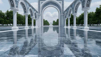 Majestic arched colonnade with ornate detailing, reflecting in a polished marble floor; serene landscaping creates a tranquil atmosphere.