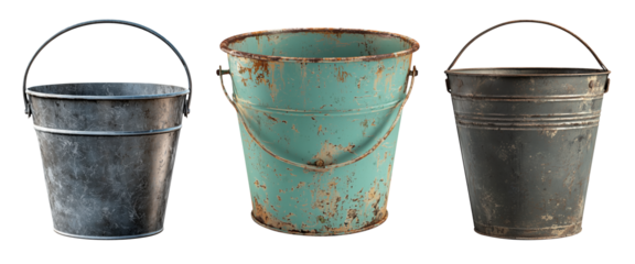 A collection of three metal buckets, each with unique weathered and rusty textures. One features a simple galvanized finish, another showcases peeling teal paint