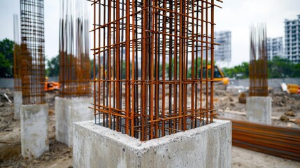 Obraz premium Environmental Concepts in Civil Engineering Construction. The image shows reinforced concrete pillars under construction, featuring a grid of steel rebar, set against a blurred urban background.
