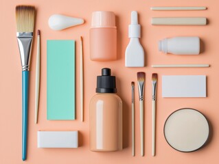 Educational curriculum support concept. A flat lay of various beauty and makeup tools arranged on a peach background, showcasing brushes, containers, and applicators.