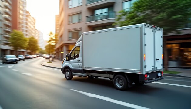 Fast delivery van moves quickly on urban road. Commercial vehicle carries packages in city. Transportation service delivers orders. Speedy express shipping. City landscape. Business logistic. Express