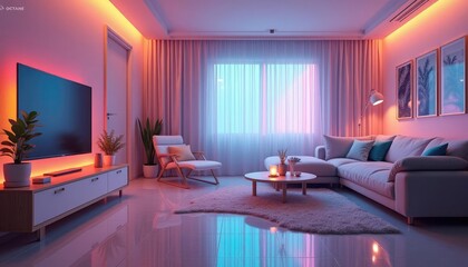  A modern living room features a large flat-screen TV, white sofa, wooden coffee table, and a large window with pink curtains, illuminated by a pink and blue light.