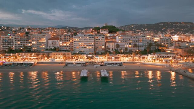Aerial view of the Cannes at night, Cote d'Azur, southern France.