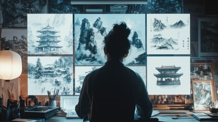 Woman artist reviewing Asian ink painting artwork on monitors in her studio.