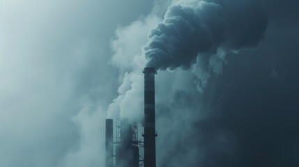 Dark smokestacks against a gray, cloudy sky, with steam billowing into the atmosphere. Smoggy industrial scene symbolizing air pollution.
