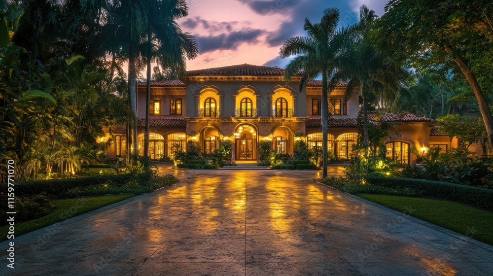 Aufkleber luxurious mansion illuminated under a vibrant sunset with beautiful landscaping and palm trees in th