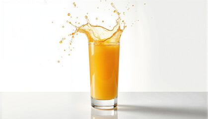 Orange Juice Splash in Transparent Glass on White Surface Minimalist Style