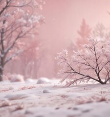 A delicate winter scene with falling snowflakes and a pale pink background with soft focus effect, calming, backdrop, pink