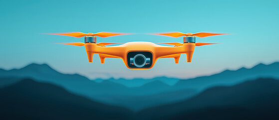 vibrant orange drone hovers in sky, capturing stunning aerial views over mountains