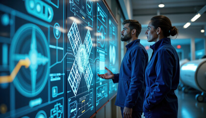 Engineers study holographic satellite design on large tech display. Team reviews blueprint for advanced spacecraft. Modern facility houses tech project. High-tech center. Futuristic tech project.