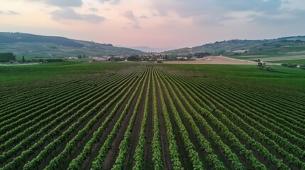 Fototapeta premium Aerial view of vineyard rows at sunset.