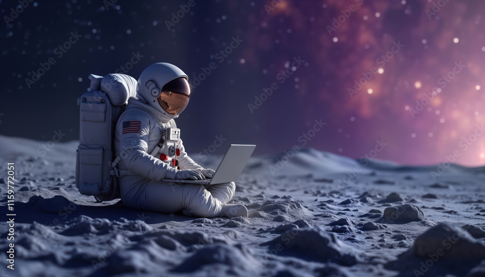 Fototapete astronaut sits on moon surface working on laptop. outer space background with nebula, stars. space e
