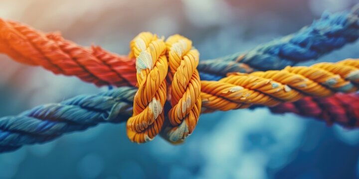 Two hands tying a rope with multiple knots, set against a vibrant blue sky backdrop. The focus is on the intertwined colors of red, yellow and green.