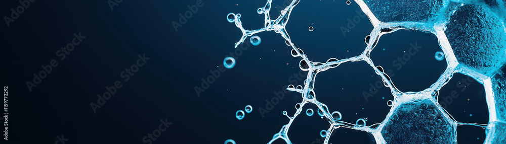 Poster water droplets and bubbles create stunning visual against dark background, showcasing intricate patt