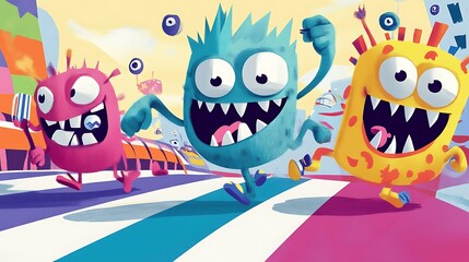 Colorful cartoon monsters joyfully running in a vibrant, playful landscape.