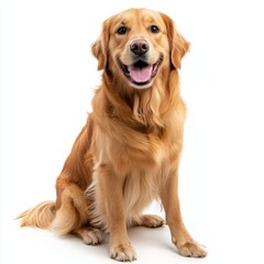 Golden retriever sitting on white background with happy expression