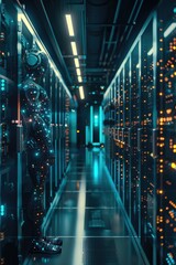 Fototapeta premium Advanced computer server room with digital interfaces and futuristic technologies. A robot in a VR environment looking at the servers.