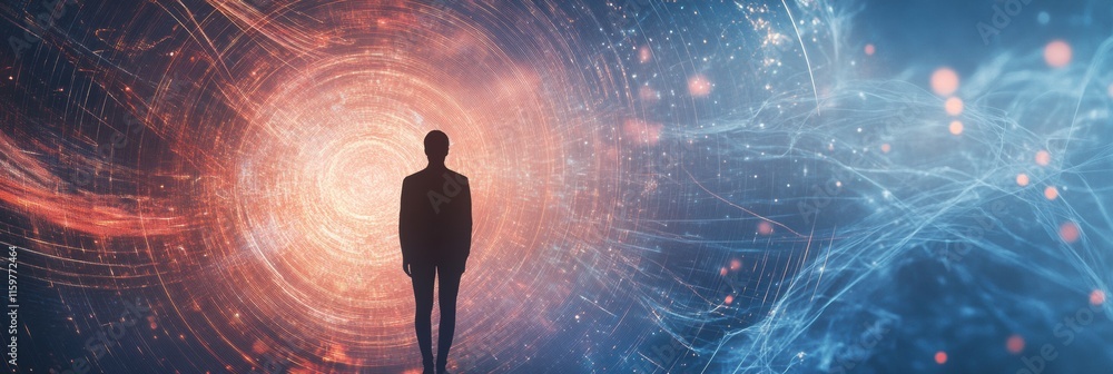 Fototapete Silhouette of a person amidst an abstract whirlwind representing loneliness and isolation in a digital landscape. Generative AI
