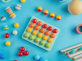 Brightly colored beads, counting blocks and child-friendly puzzle game for learning and playtime.