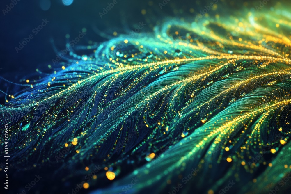 Poster close up view of a peacock feather glistening with dew drops on a vibrant background. generative ai