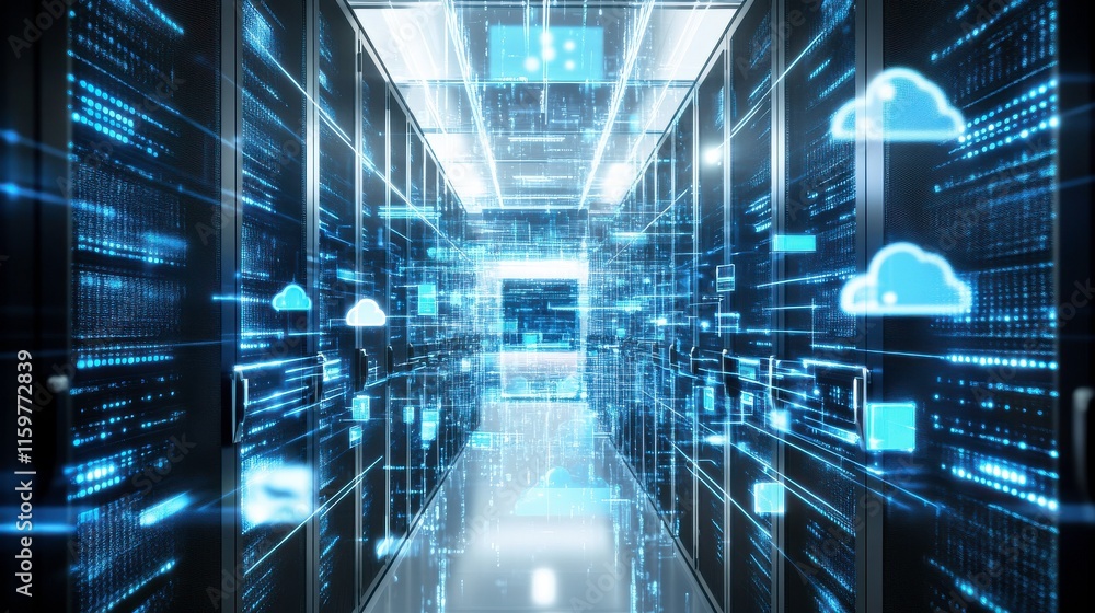 Poster digital cloud computing interface with bright background