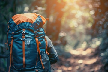 Fototapeta premium Person wearing a blue and orange backpack, embarking on an outdoor journey through the lush green jungle. Backpack filled with essential gear for adventure.