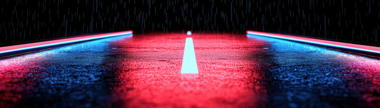 close up view of wet road illuminated by glowing neon lights, creating vibrant atmosphere. rain adds reflective quality to scene