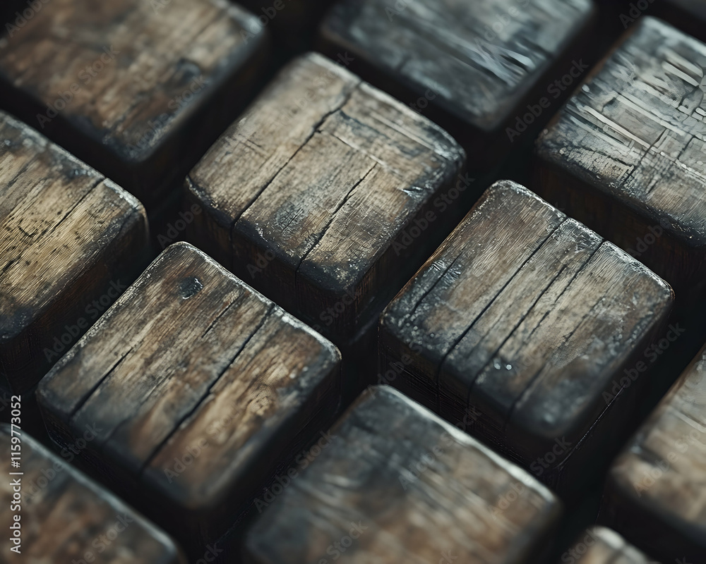 Poster close-up of dark, aged wooden cubes arranged in a grid pattern, showcasing rustic texture and grain.