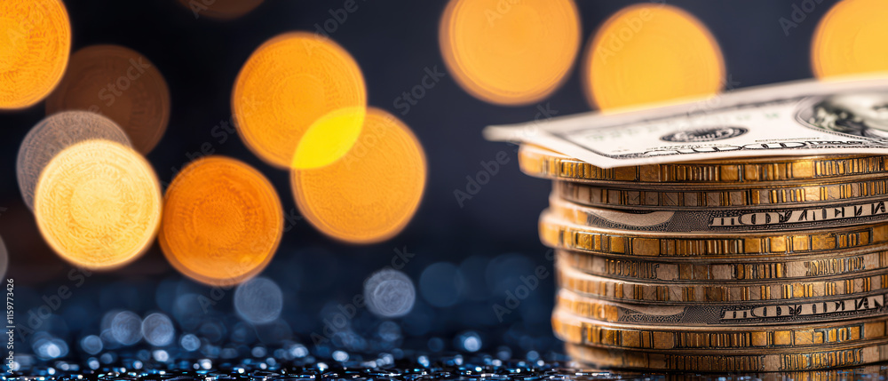 Poster stacks of international currency with bokeh lights in background create vibrant financial scene