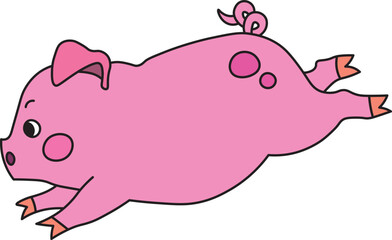 pink pig with a curled tail runs as fast as it can