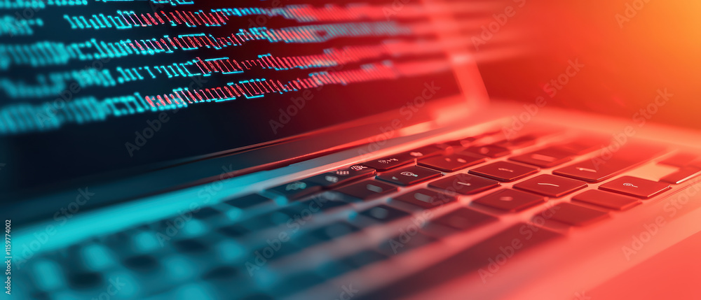 Poster close up of laptop keyboard with coding lines illuminated in vibrant colors, showcasing technology a