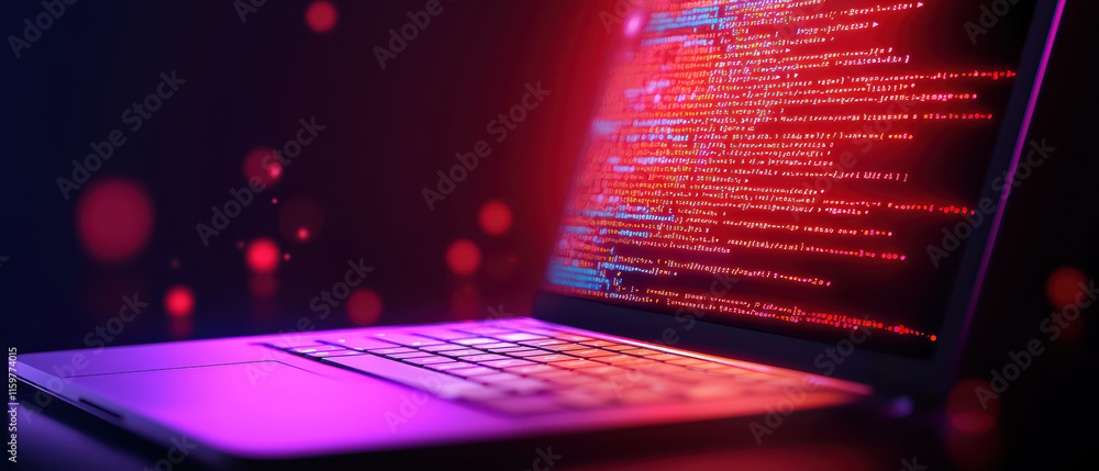 Poster close up of laptop keyboard displaying colorful coding lines, creating vibrant tech atmosphere