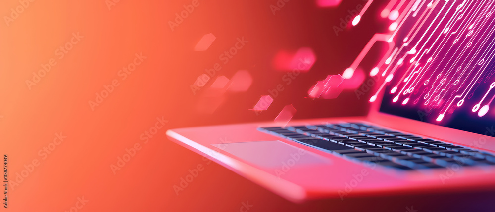 Poster close up of laptop keyboard with digital coding lines and vibrant colors, showcasing technology and 