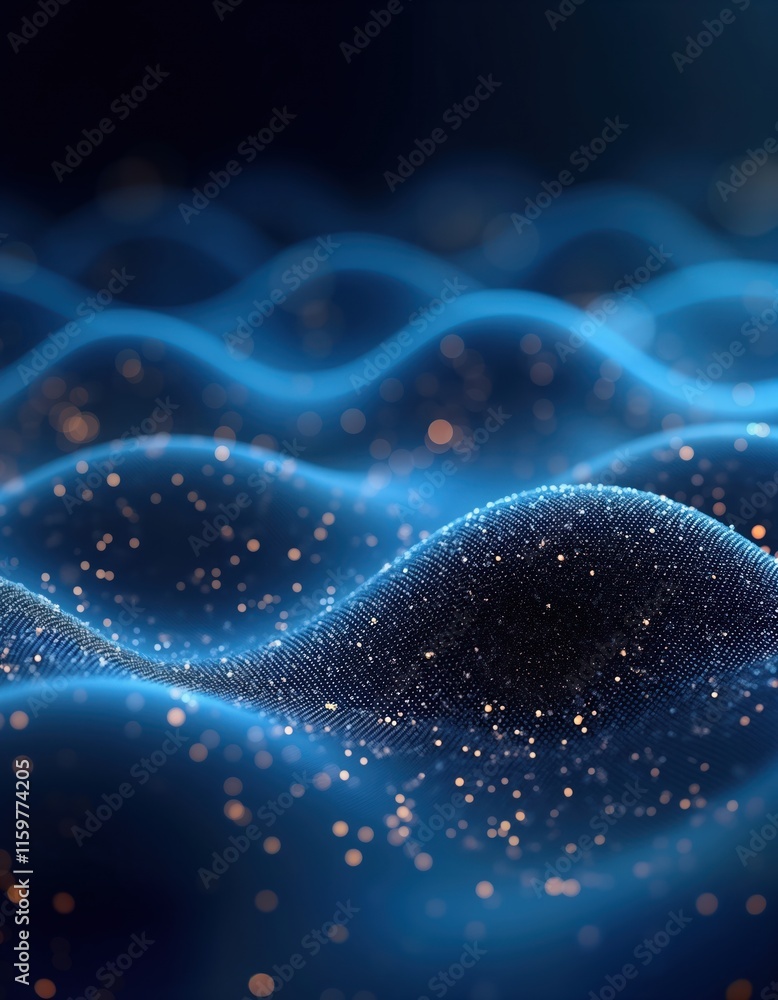 Poster abstract design shows vibrant blue waves of particles. glowing dots form dynamic pattern. futuristic