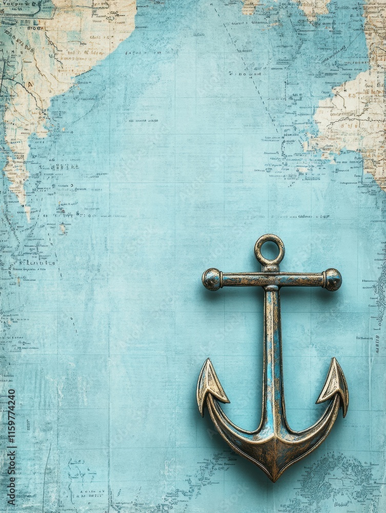 Poster nautical anchor rests on a vintage map highlighting tranquil ocean waters and nautical adventures. g