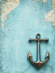 Nautical anchor rests on a vintage map highlighting tranquil ocean waters and nautical adventures. Generative AI © Anat art