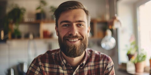 Cheerful barista with a beard greets customers at a modern coffee shop.